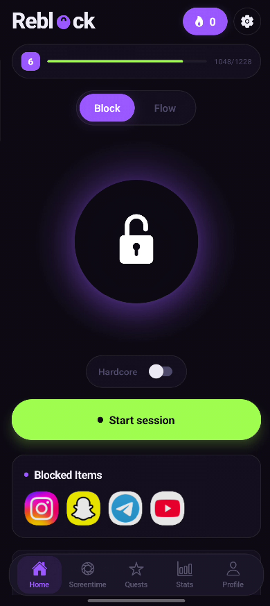 Reblock home screen showing focus progress